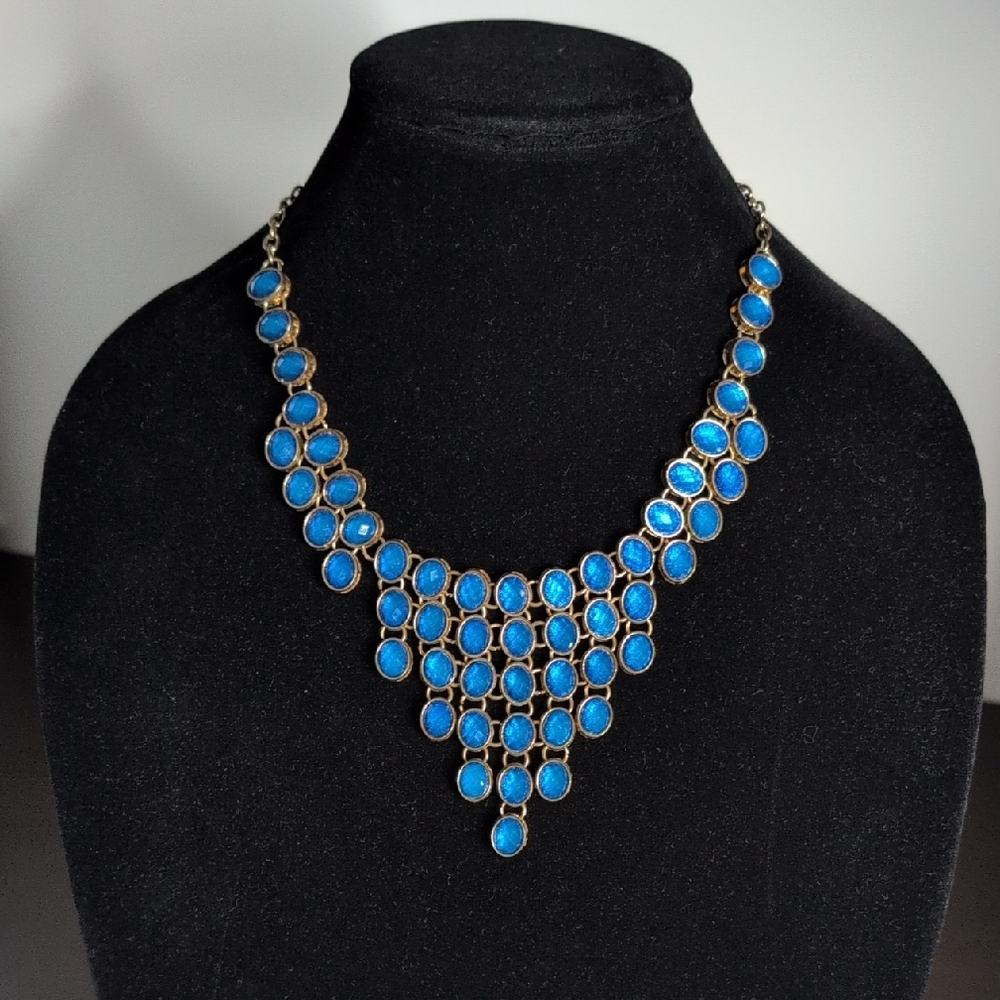 Bold Rich Blue Statement Bib Necklace Gold Tone Multi Stone Layered Choker